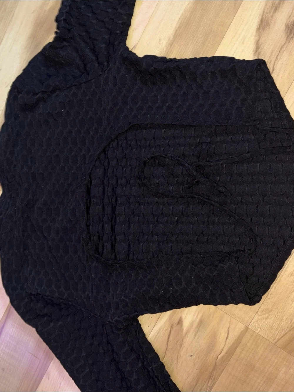 Black Textured Long-Sleeve Crop Top with Open Back